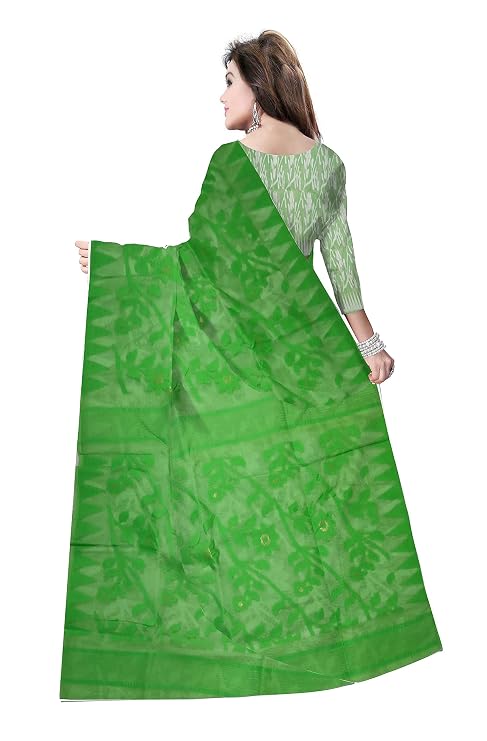 Pradip Fabrics Ethnic Women's Tant Cotton All Over Dhakai Jamdani Green and Yellow Color Saree