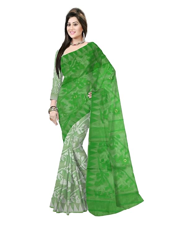 Pradip Fabrics Ethnic Women's Tant Cotton All Over Dhakai Jamdani Green and Yellow Color Saree