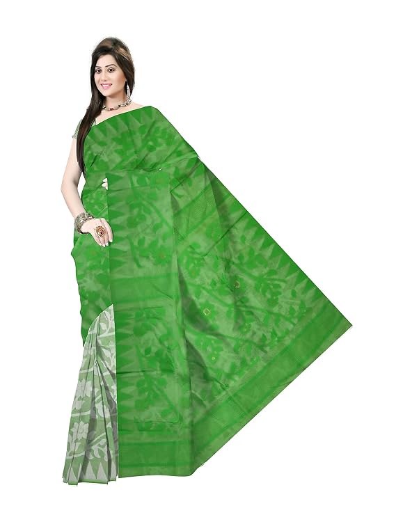 Pradip Fabrics Ethnic Women's Tant Cotton All Over Dhakai Jamdani Green and Yellow Color Saree