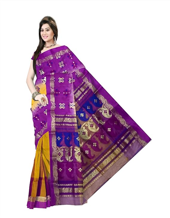 Pradip Fabrics Self Design Tant Silk Blend Saree (Pink)