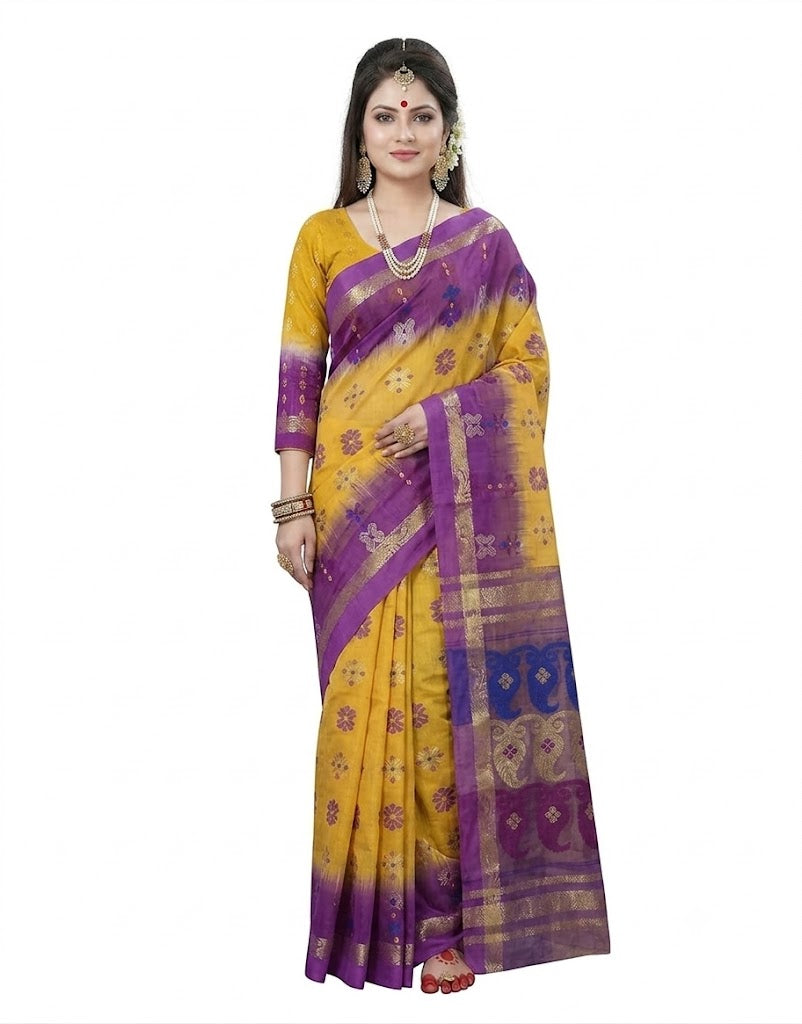 Pradip Fabrics Self Design Tant Silk Blend Saree (Pink)