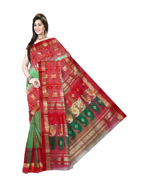 Pradip Fabrics Self Design Tant Silk Blend Saree (Pink)