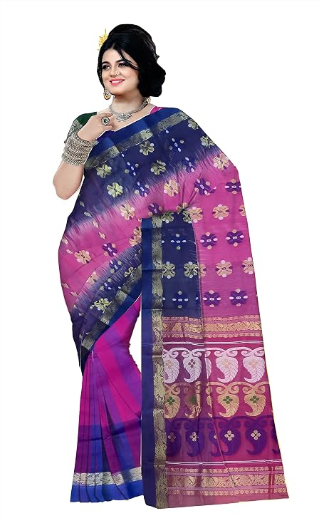 Pradip Fabrics Self Design Tant Silk Blend Saree (Pink)