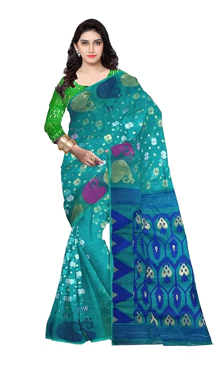 Pradip Fabrics Ethnic Women's Tant Jamdani Aqua Green Color Saree