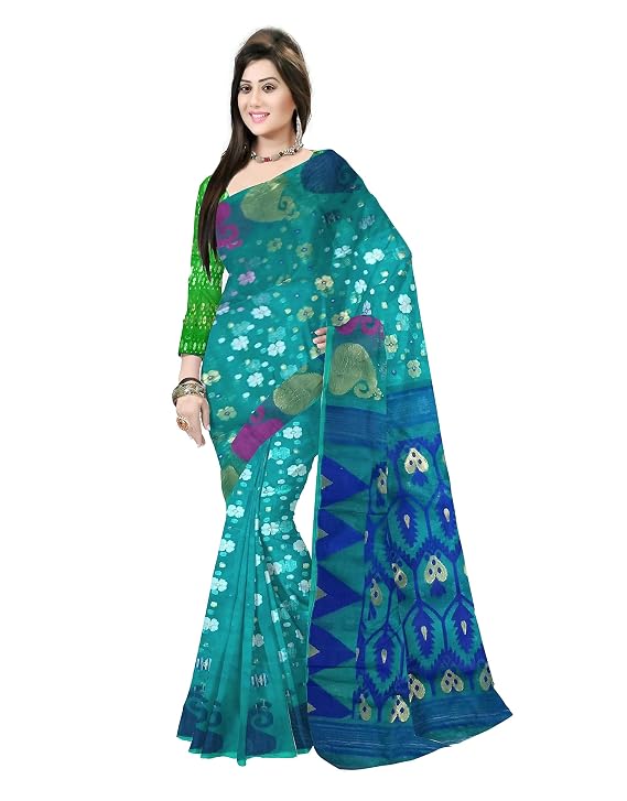 Pradip Fabrics Ethnic Women's Tant Jamdani Aqua Green Color Saree