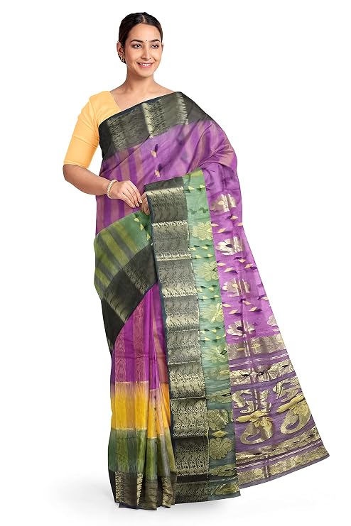 Pradip Fabrics Ethnic Women's Tant Silk Pink and Blue and Green Tri Color Saree