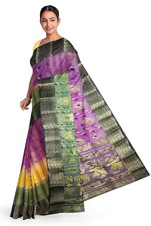 Pradip Fabrics Ethnic Women's Tant Silk Pink and Blue and Green Tri Color Saree