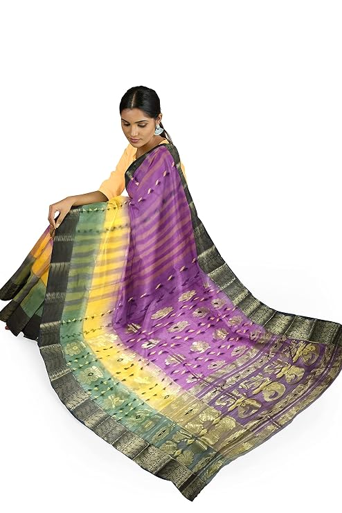 Pradip Fabrics Ethnic Women's Tant Silk Pink and Blue and Green Tri Color Saree