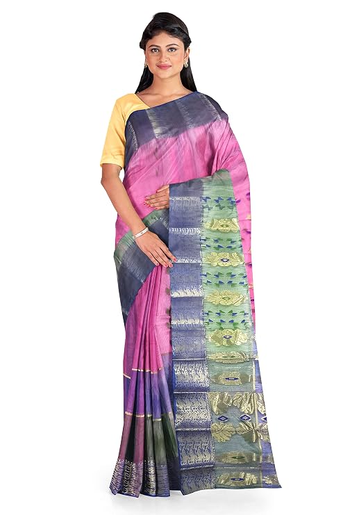Pradip Fabrics Ethnic Women's Tant Silk Pink and Blue and Green Tri Color Saree
