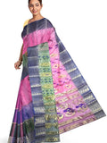 Pradip Fabrics Ethnic Women's Tant Silk Pink and Blue and Green Tri Color Saree