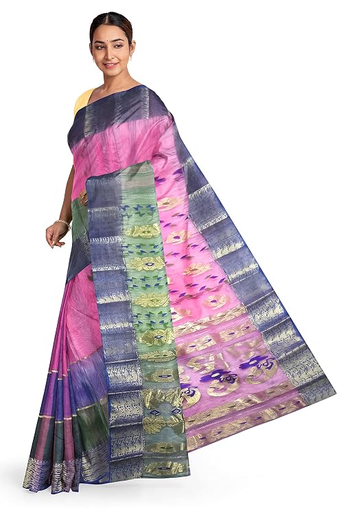 Pradip Fabrics Ethnic Women's Tant Silk Pink and Blue and Green Tri Color Saree