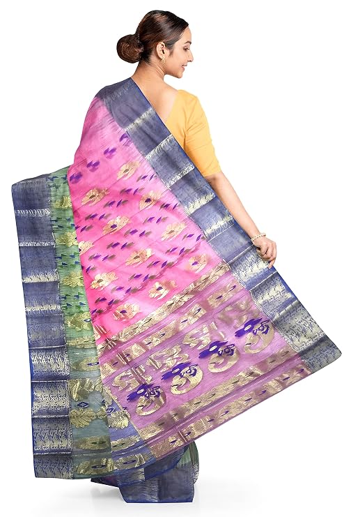 Pradip Fabrics Ethnic Women's Tant Silk Pink and Blue and Green Tri Color Saree