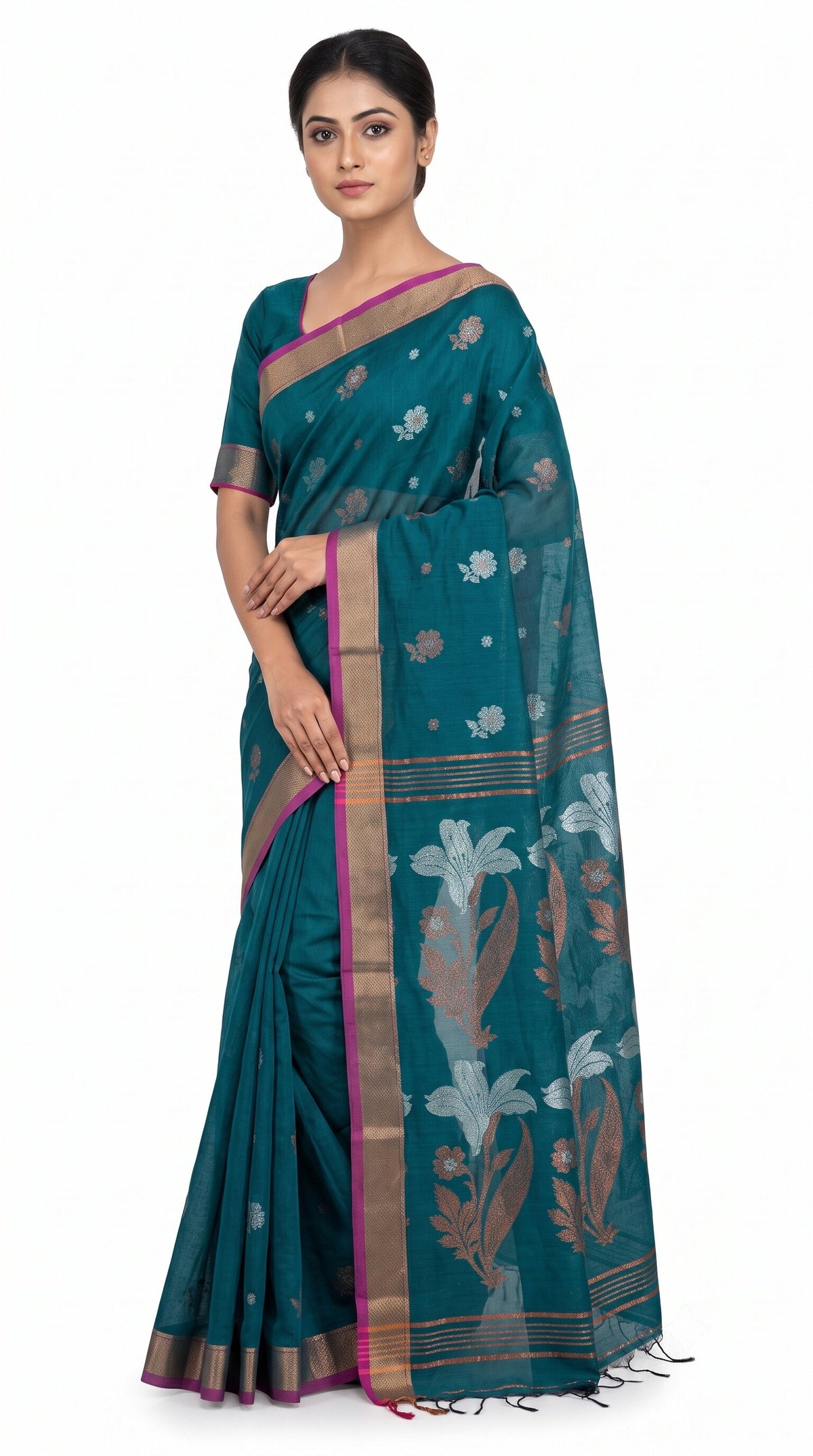 Pradip Fabrics Self Design Handloom Cotton Blend Saree.
