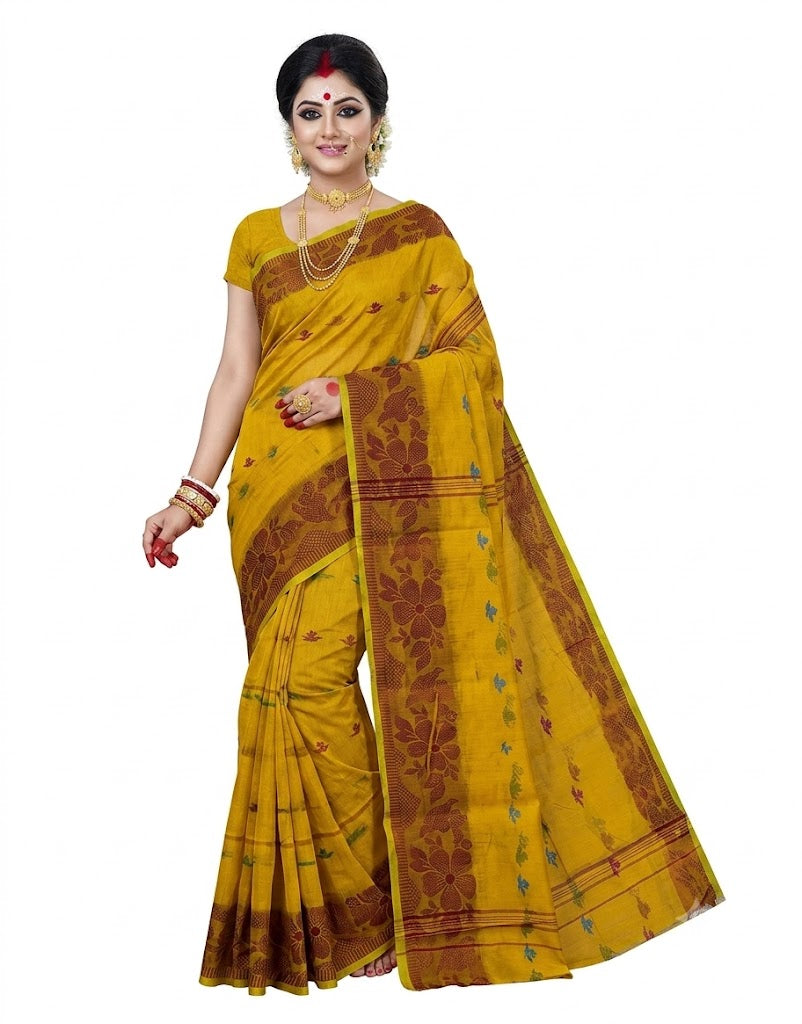 Pradip Fabrics Self Design Handloom Cotton Blend Saree (Yellow)