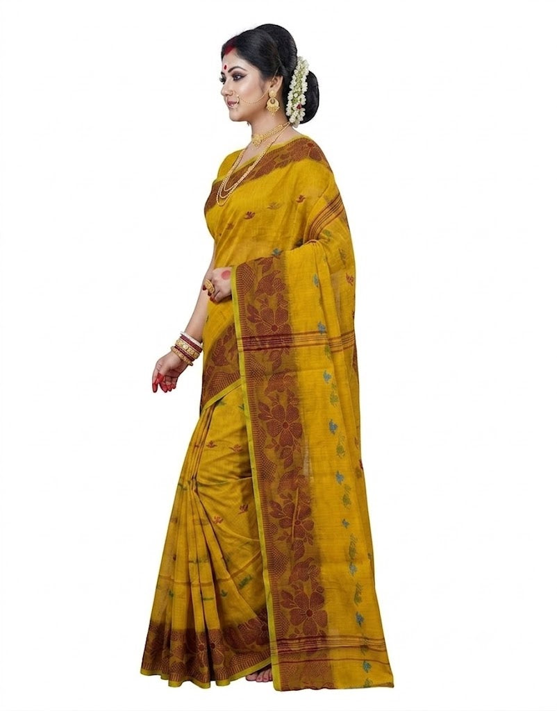 Pradip Fabrics Self Design Handloom Cotton Blend Saree (Yellow)