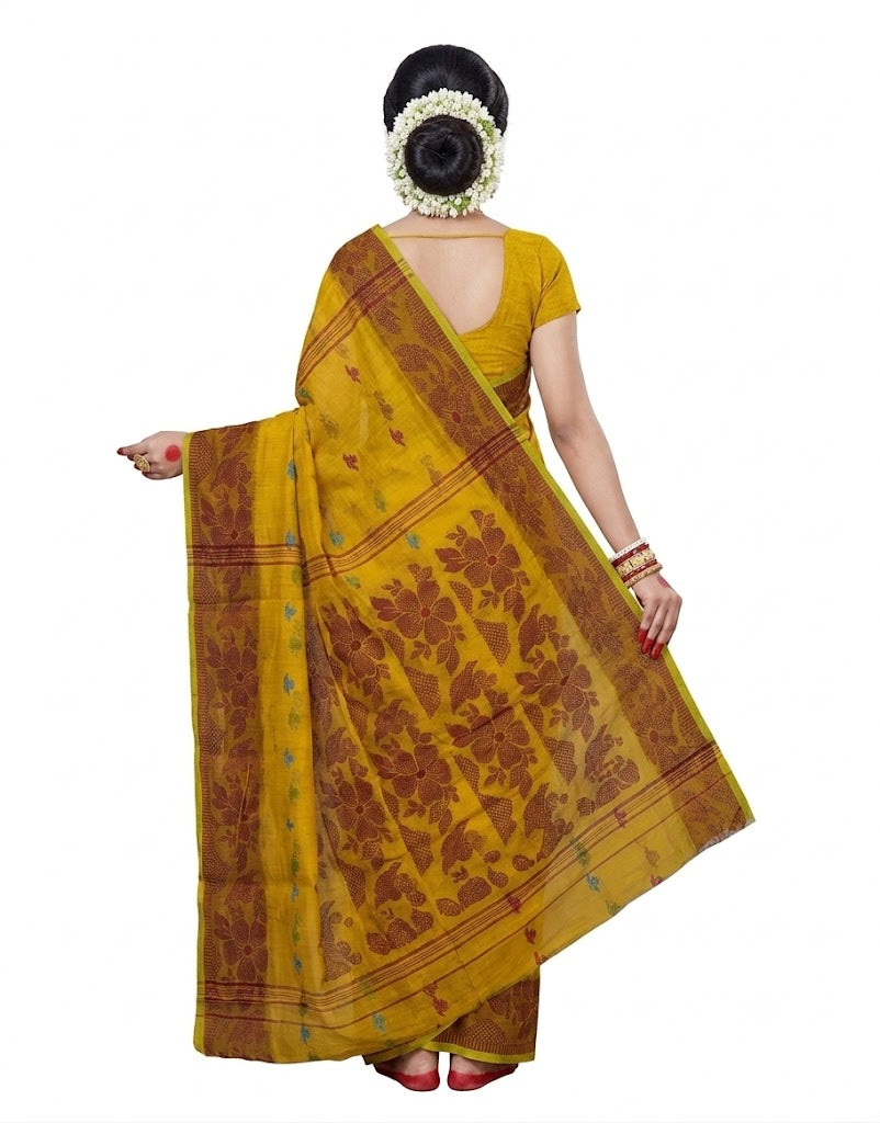 Pradip Fabrics Self Design Handloom Cotton Blend Saree (Yellow)