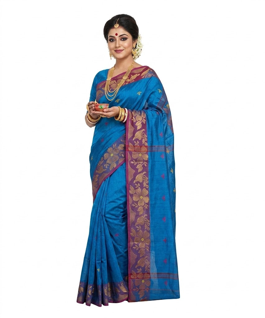 Pradip Fabrics Self Design Handloom Cotton Blend Saree (Yellow)