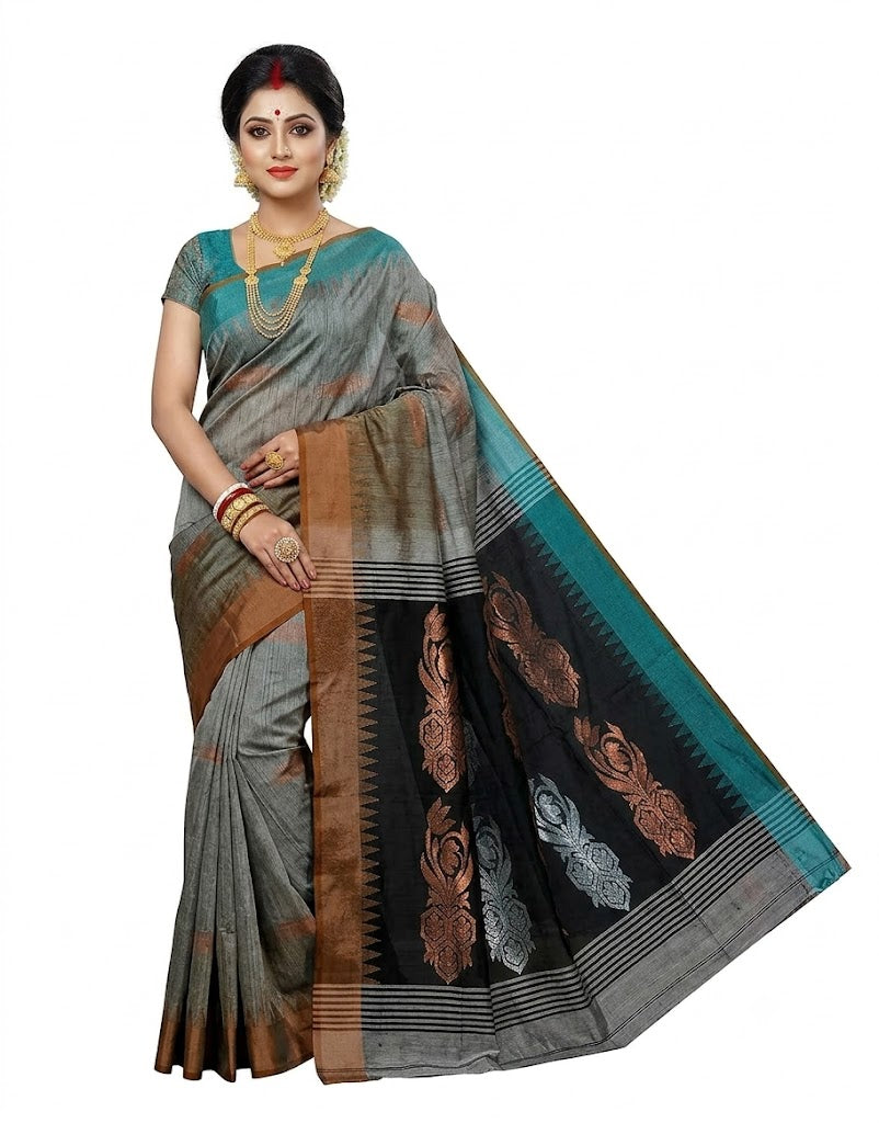 Pradip Fabrics Self Design Handloom Cotton Blend Saree (Grey)