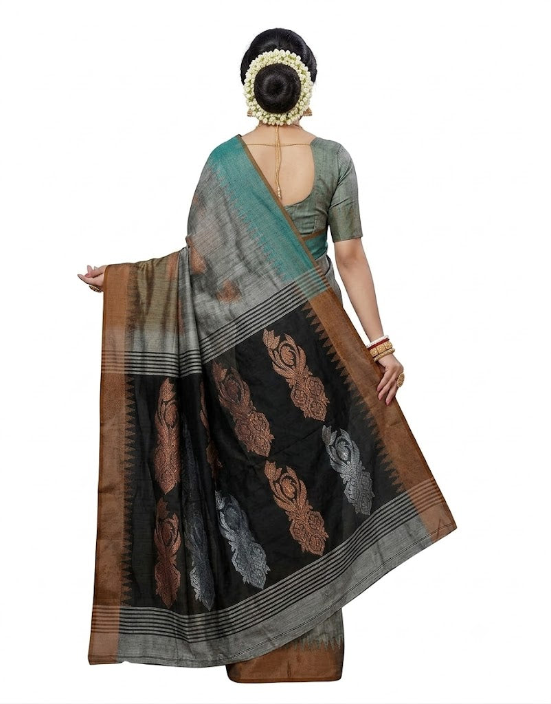 Pradip Fabrics Self Design Handloom Cotton Blend Saree (Grey)
