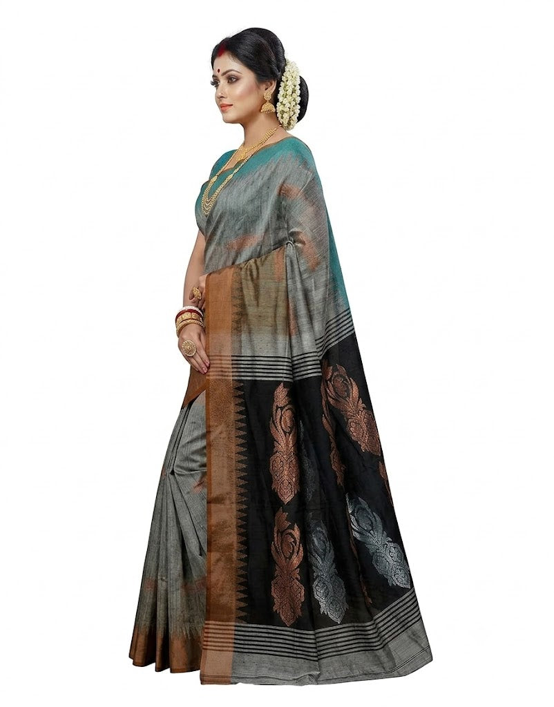 Pradip Fabrics Self Design Handloom Cotton Blend Saree (Grey)