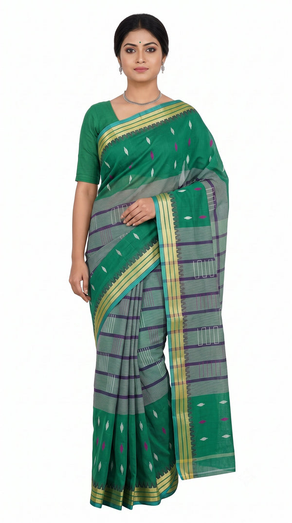Pradip Fabrics Ethnic Women's Tangail Tant Cotton Soft Multicolored Patterns Saree. (Light Green)