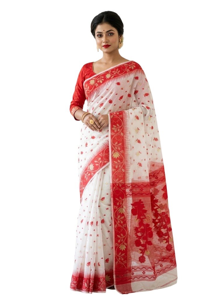 Pradip Fabrics Women's Handwoven Jamdani Saree with All-Over Floral Motifs