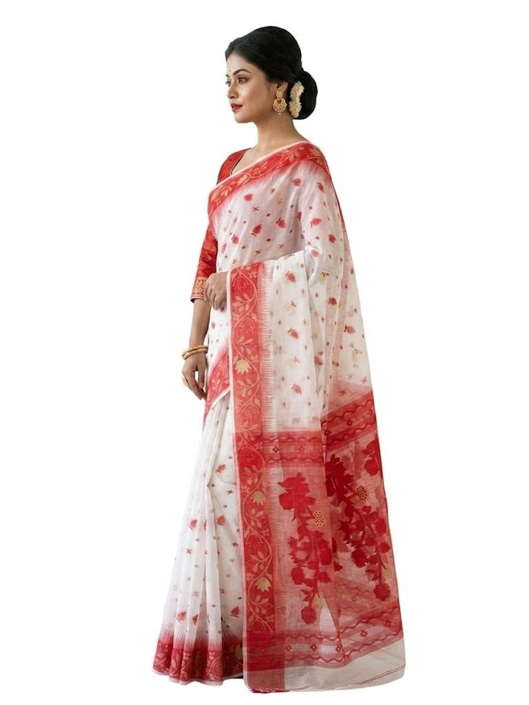 Pradip Fabrics Women's Handwoven Jamdani Saree with All-Over Floral Motifs