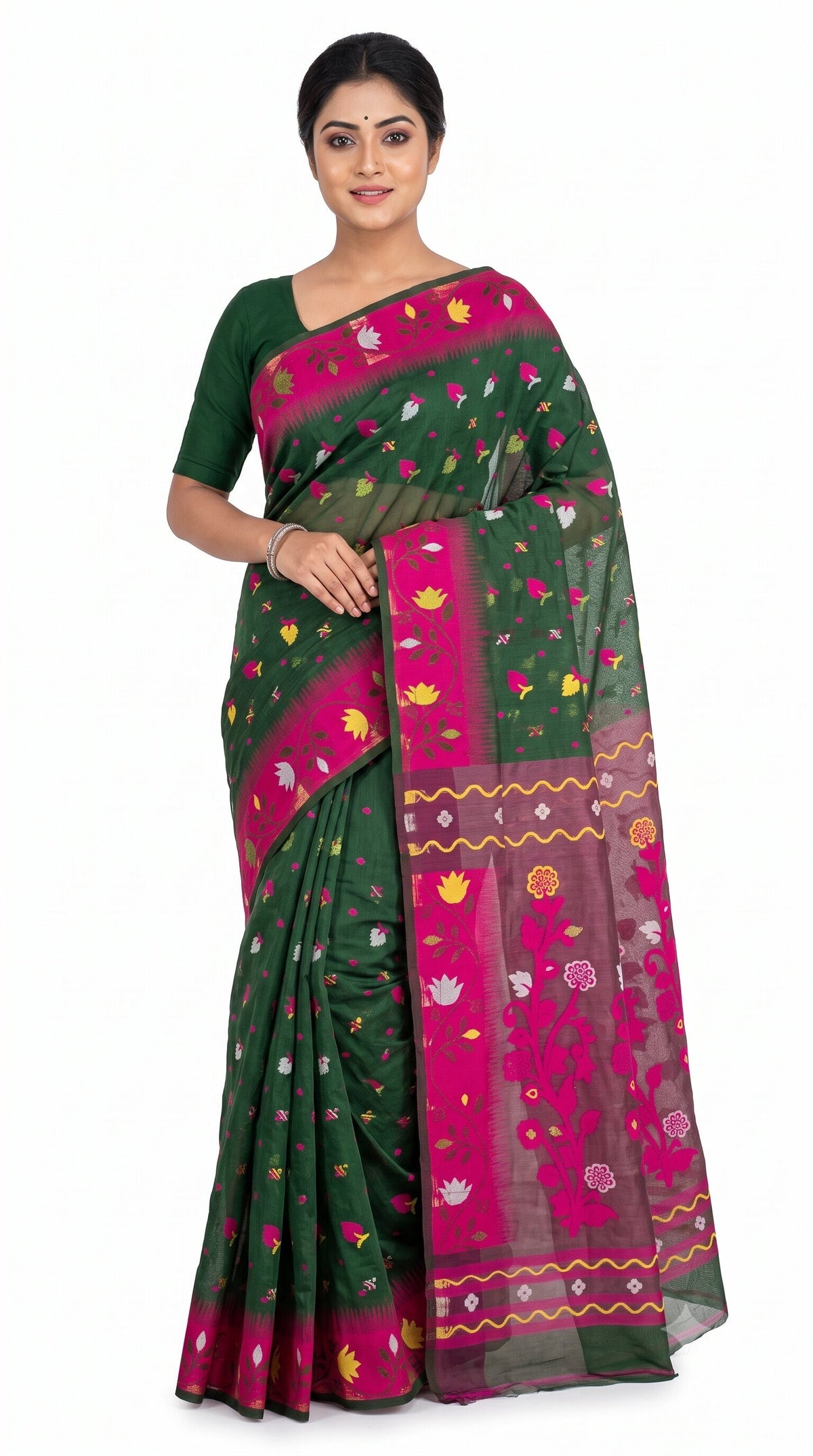 Pradip Fabrics Women's Handwoven Jamdani Saree with All-Over Floral Motifs