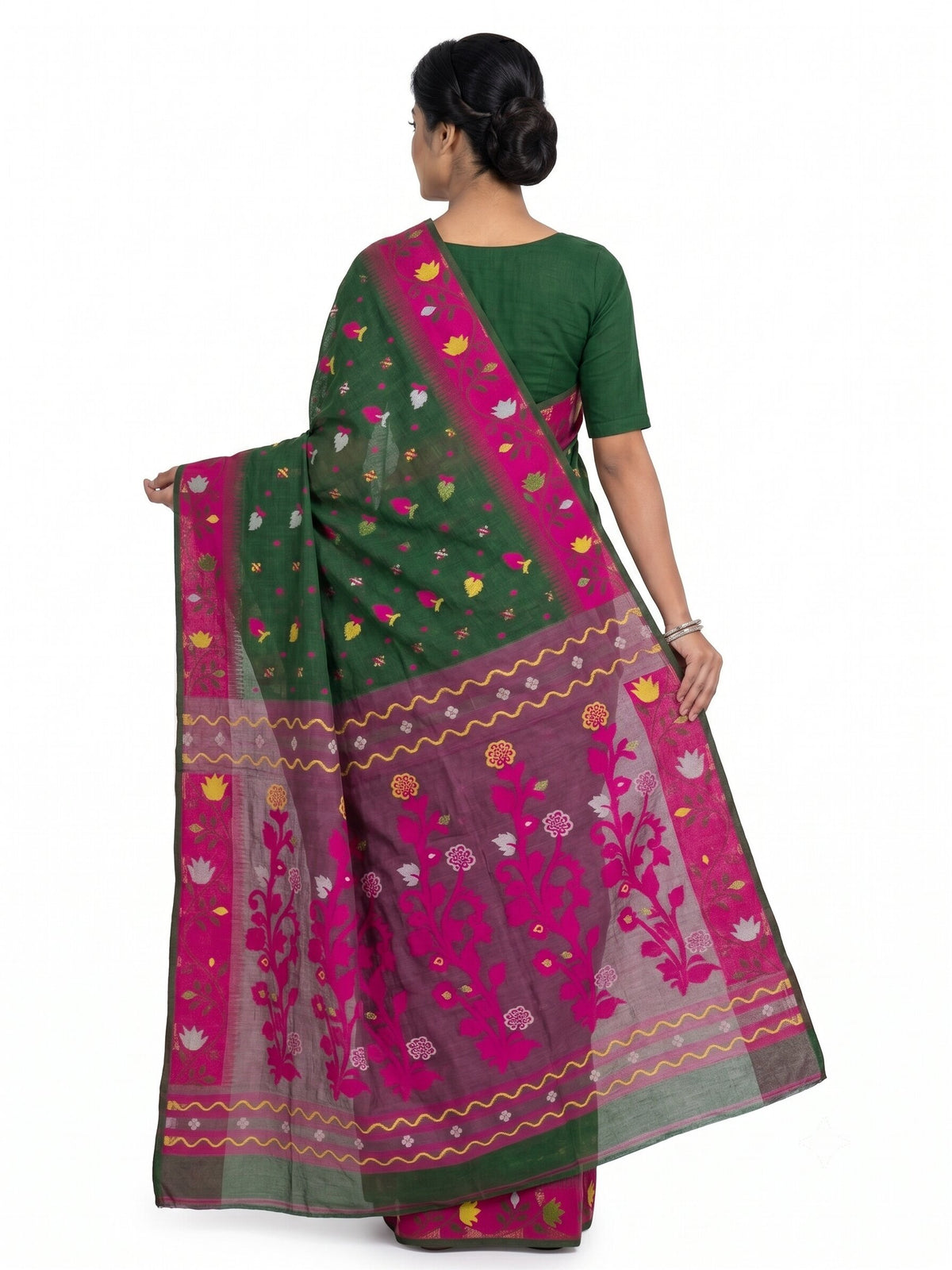 Pradip Fabrics Women's Handwoven Jamdani Saree with All-Over Floral Motifs