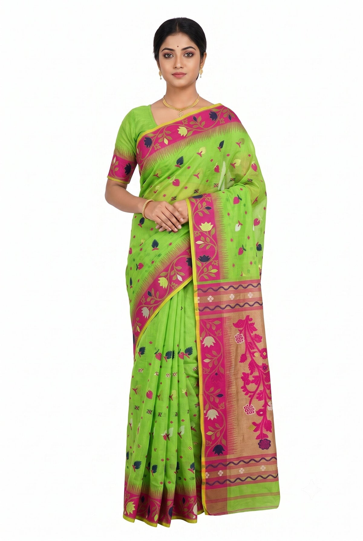 Pradip Fabrics Women's Handwoven Jamdani Saree with All-Over Floral Motifs