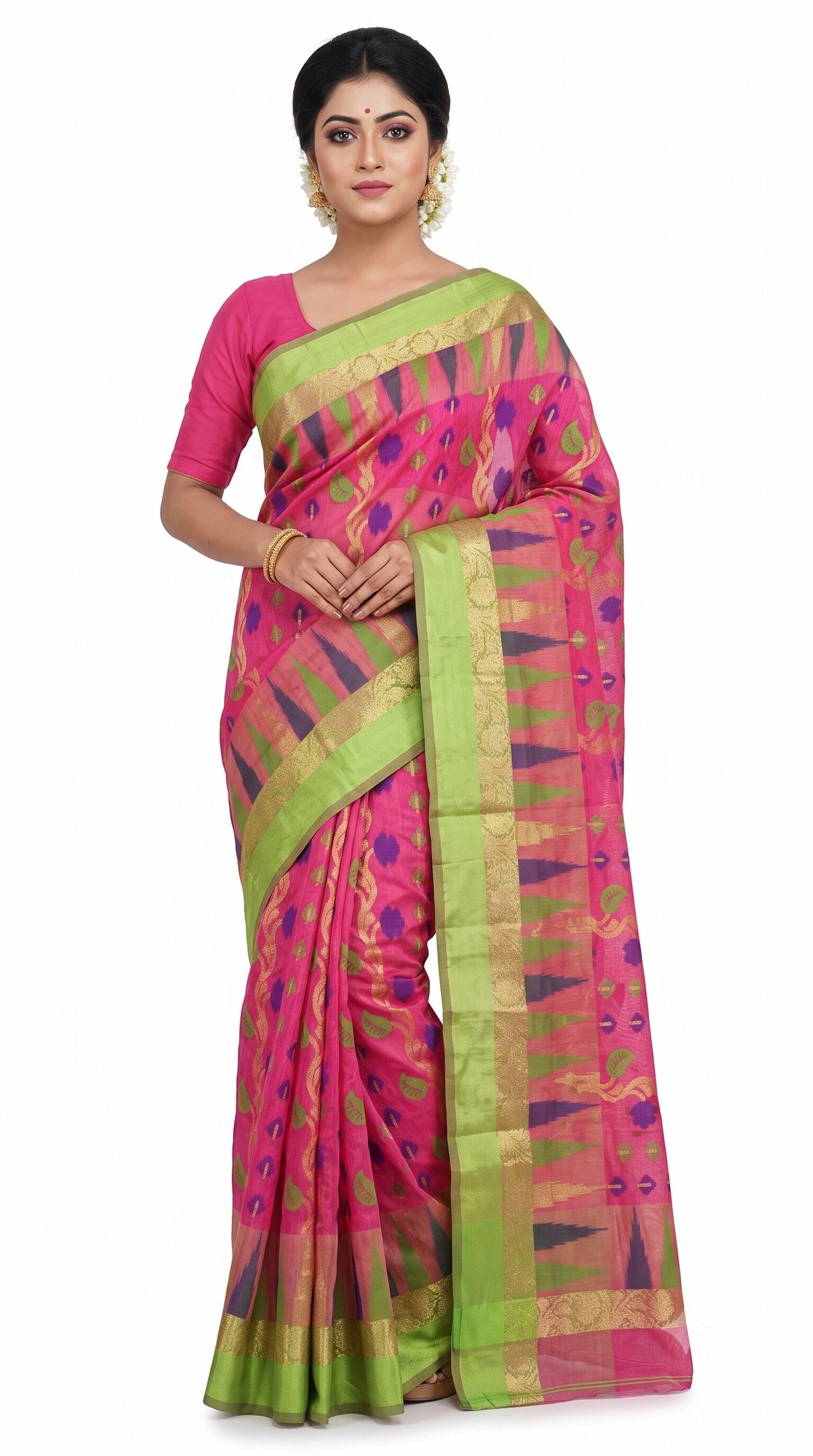Pradip Fabrics Woven, Printed Tant Silk Blend Saree (Green)
