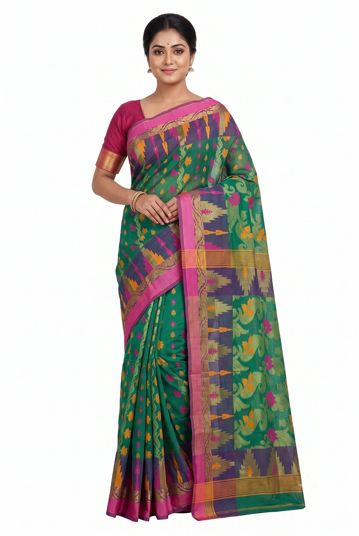 Pradip Fabrics Woven, Printed Tant Silk Blend Saree (Green)