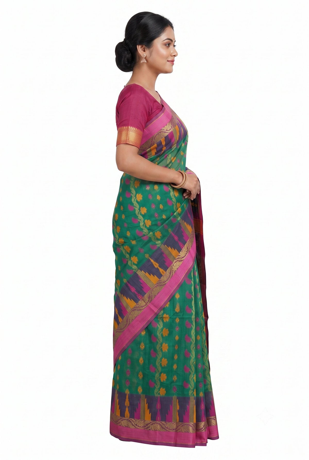 Pradip Fabrics Woven, Printed Tant Silk Blend Saree (Green)