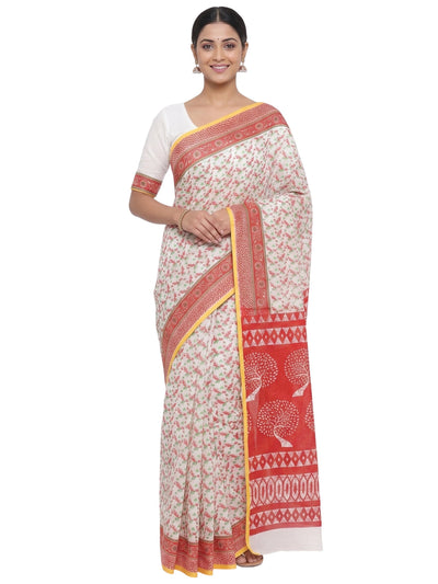 Pradip Fabrics Women's Printed Cotton Blend Saree ( Red )