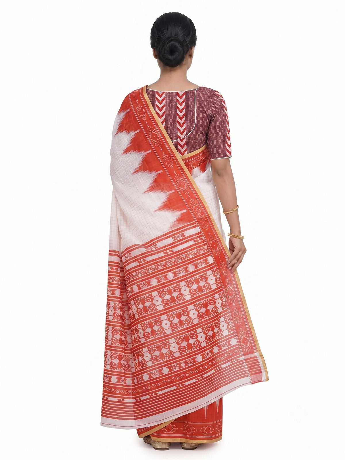 Pradip Fabrics Women's Cotton Blend Printed Saree with Ikat-Style Temple Border 