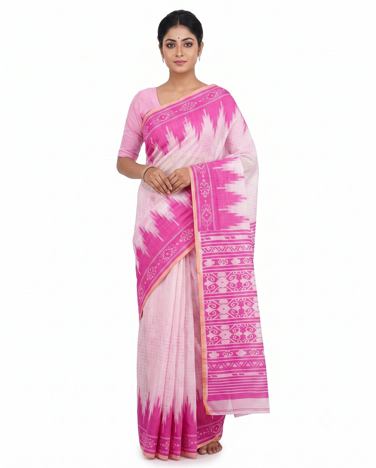 Pradip Fabrics Women's Cotton Blend Printed Saree with Ikat-Style Temple Border 