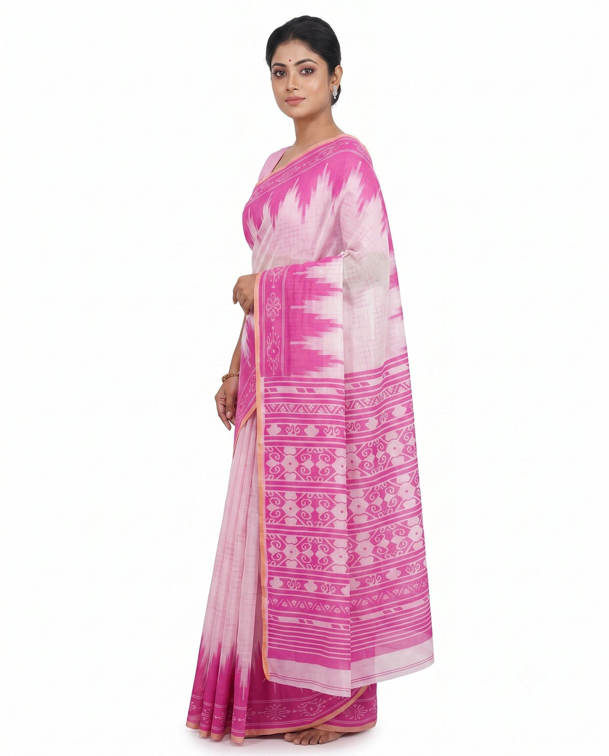 Pradip Fabrics Women's Cotton Blend Printed Saree with Ikat-Style Temple Border 