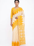 Pradip Fabrics Women's Cotton Blend Printed Saree with Ikat-Style Temple Border 