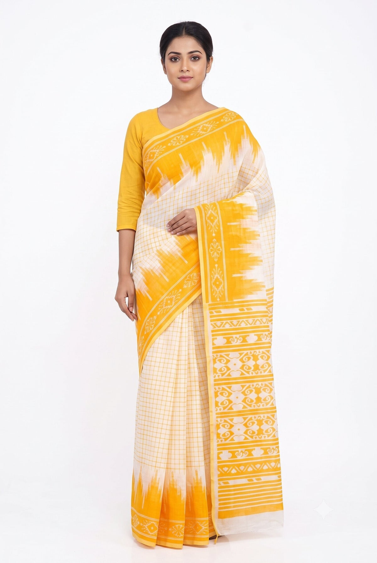 Pradip Fabrics Women's Cotton Blend Printed Saree with Ikat-Style Temple Border 