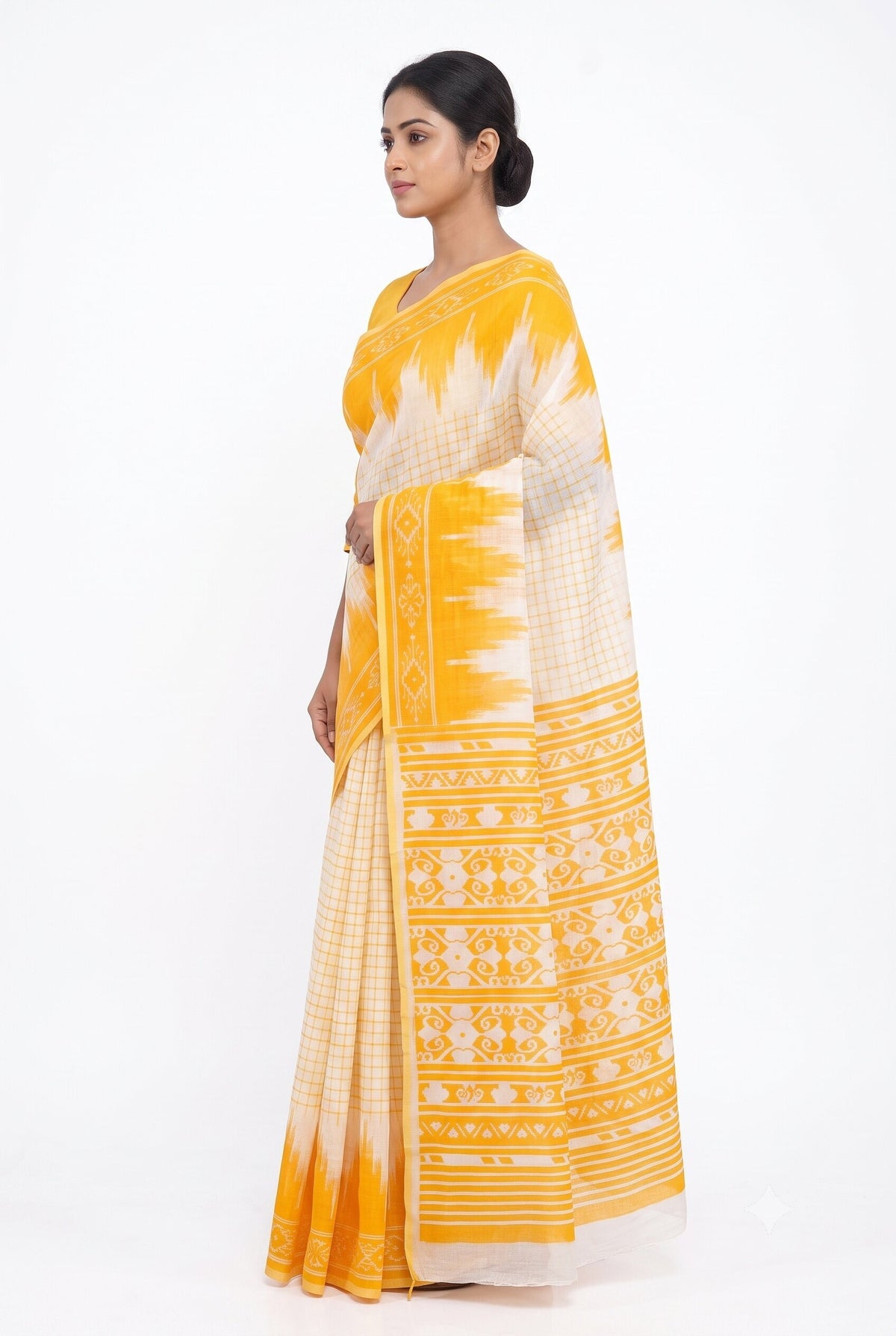 Pradip Fabrics Women's Cotton Blend Printed Saree with Ikat-Style Temple Border 