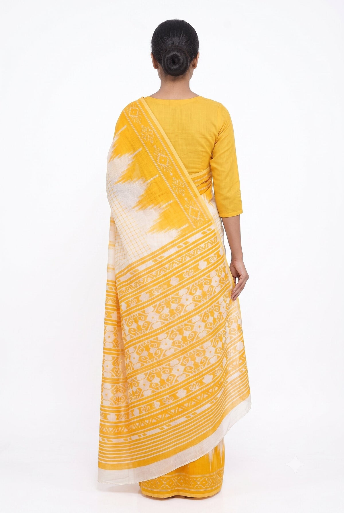 Pradip Fabrics Women's Cotton Blend Printed Saree with Ikat-Style Temple Border 