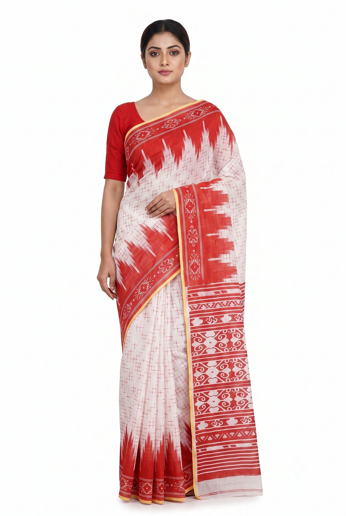 Pradip Fabrics Women's Cotton Blend Printed Saree with Ikat-Style Temple Border 