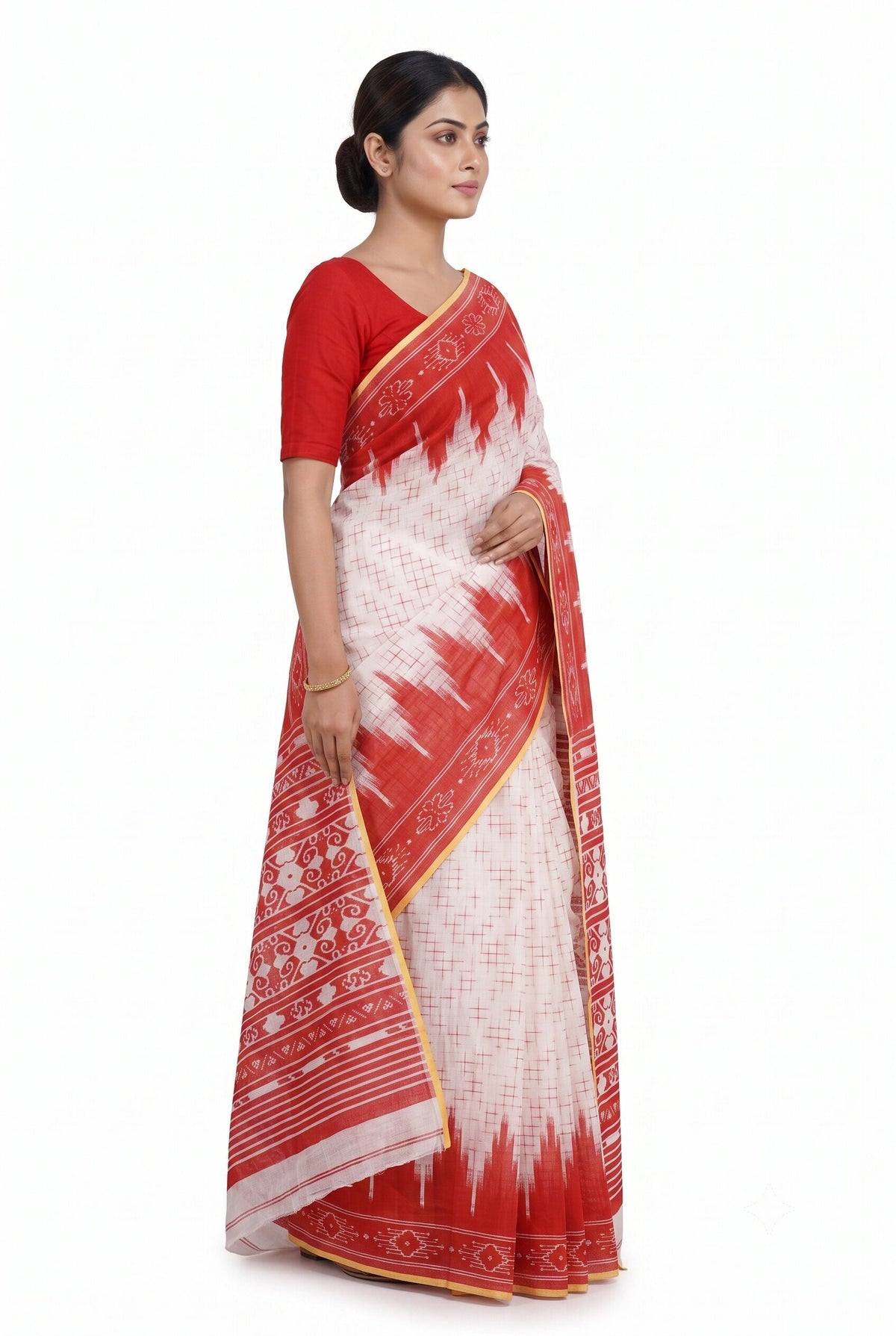 Pradip Fabrics Women's Cotton Blend Printed Saree with Ikat-Style Temple Border 