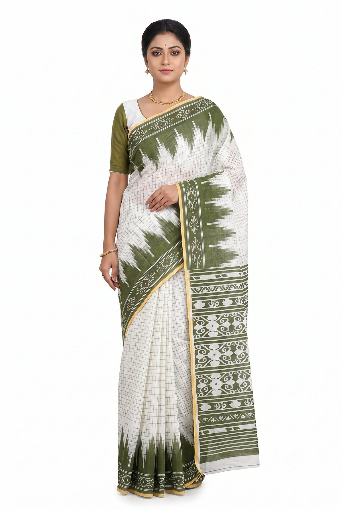 Pradip Fabrics Women's Cotton Blend Printed Saree with Ikat-Style Temple Border 