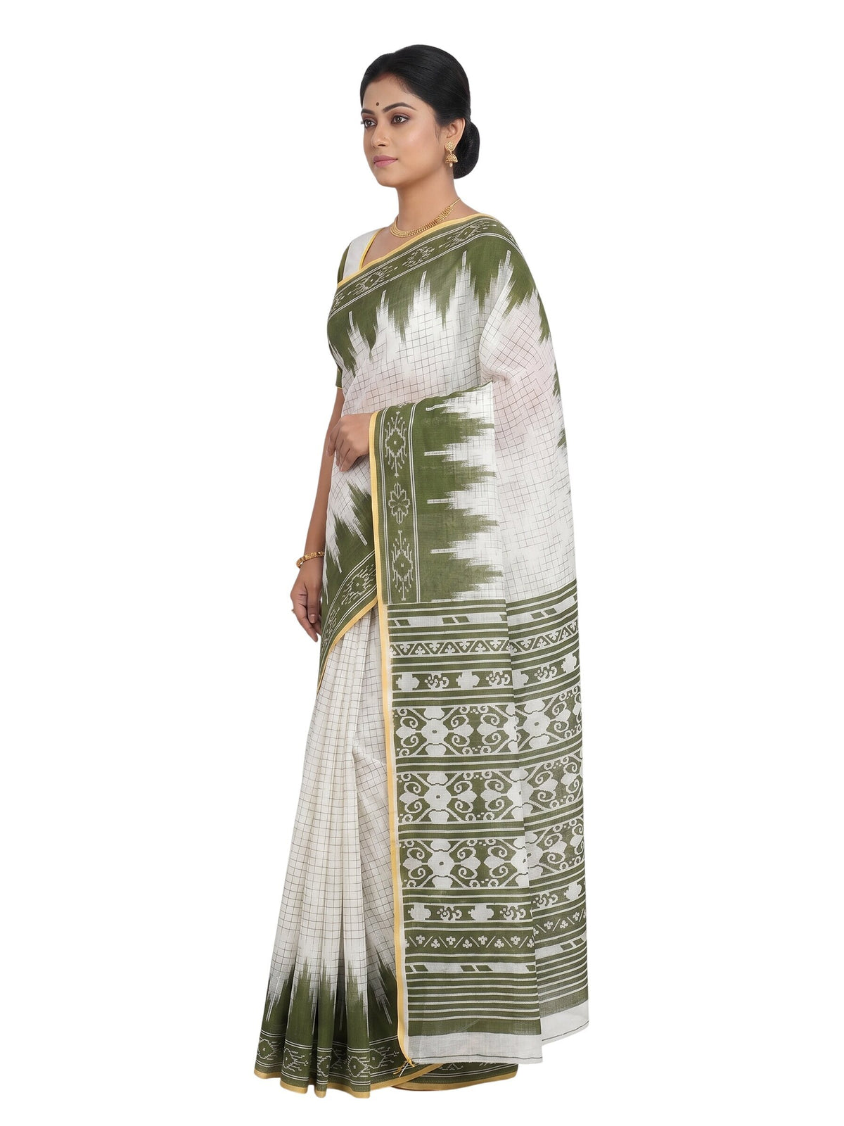 Pradip Fabrics Women's Cotton Blend Printed Saree with Ikat-Style Temple Border 