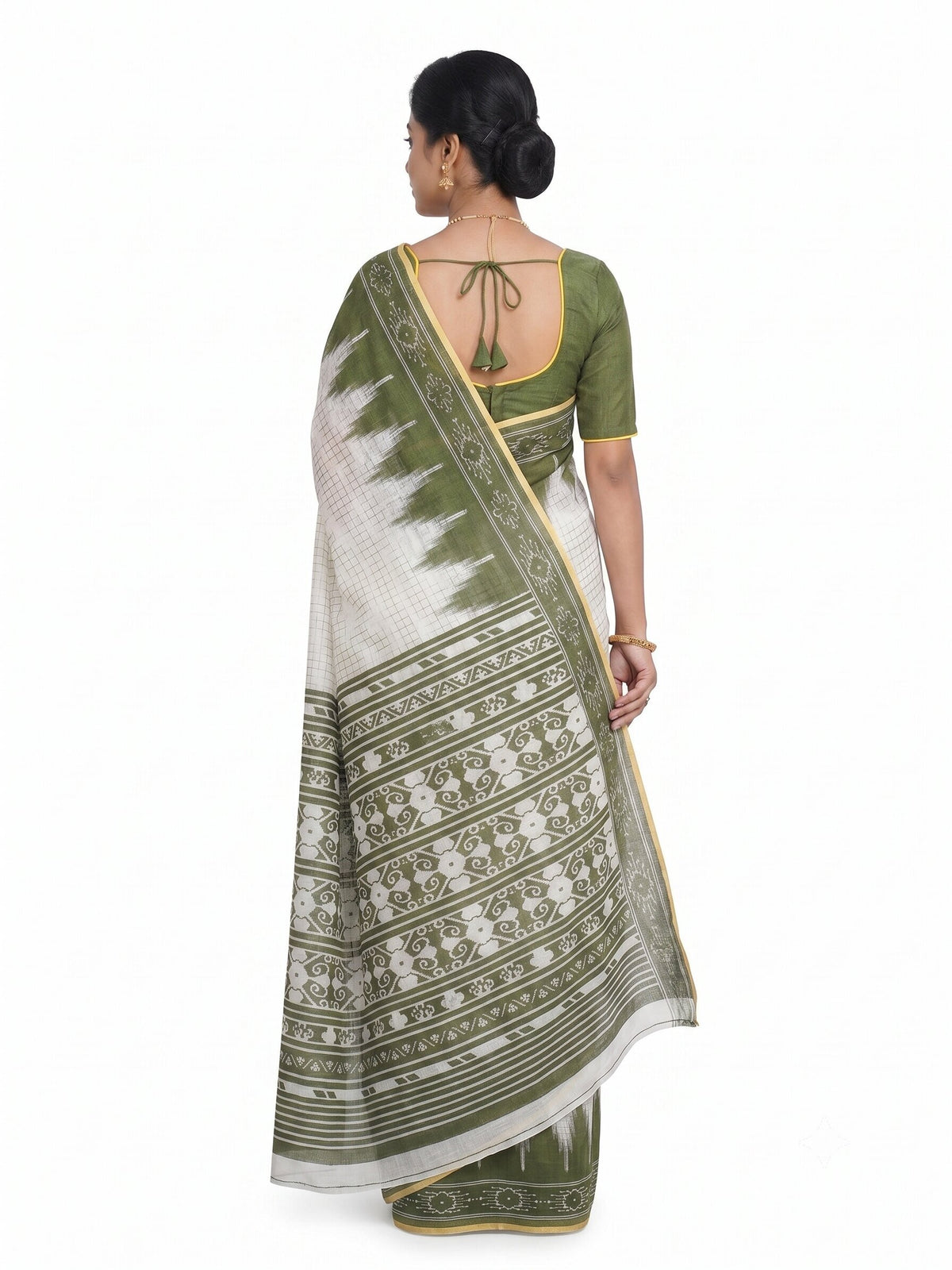 Pradip Fabrics Women's Cotton Blend Printed Saree with Ikat-Style Temple Border 