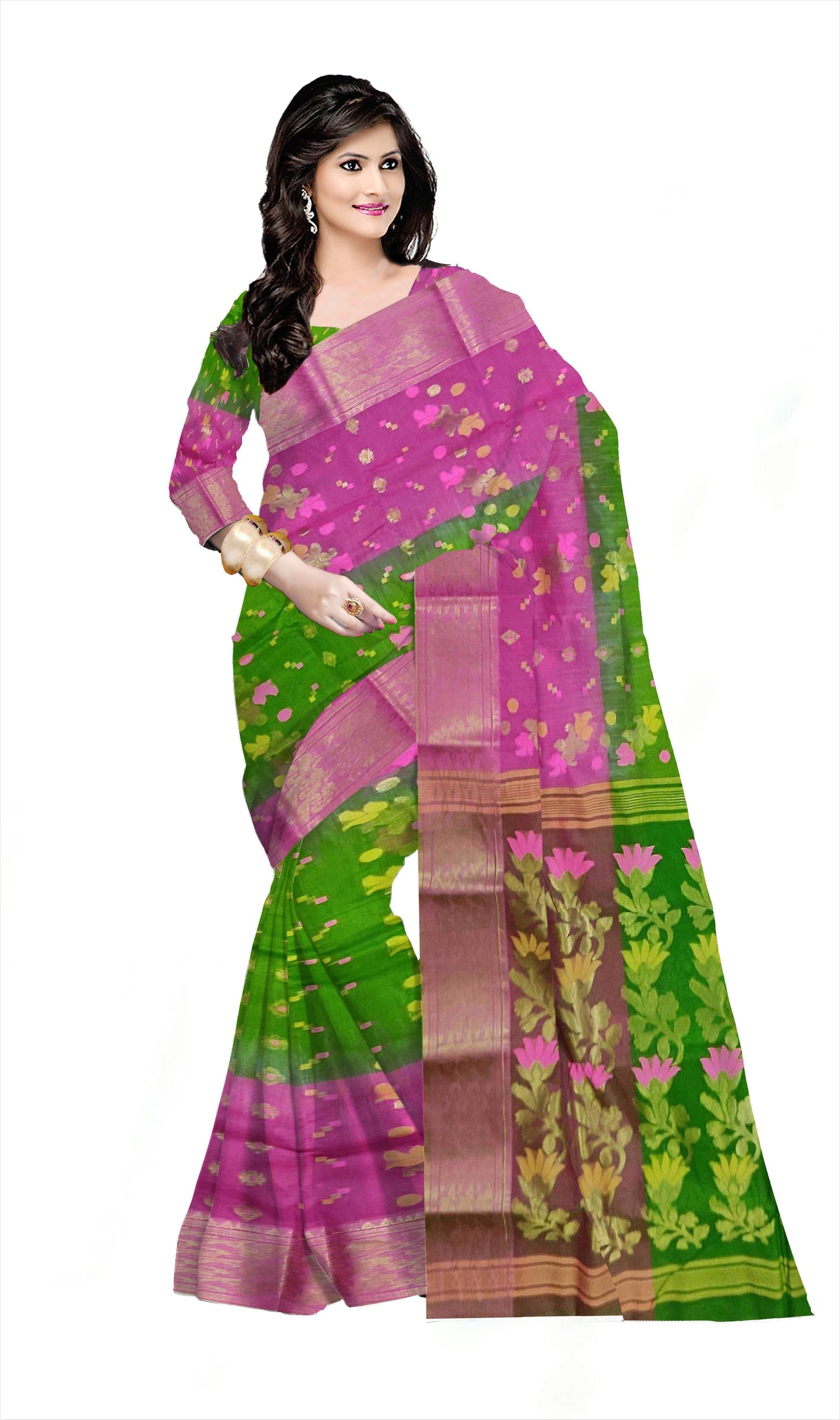 Pradip Fabrics Ethnic Women's Tant Silk Green and Pink Color Saree