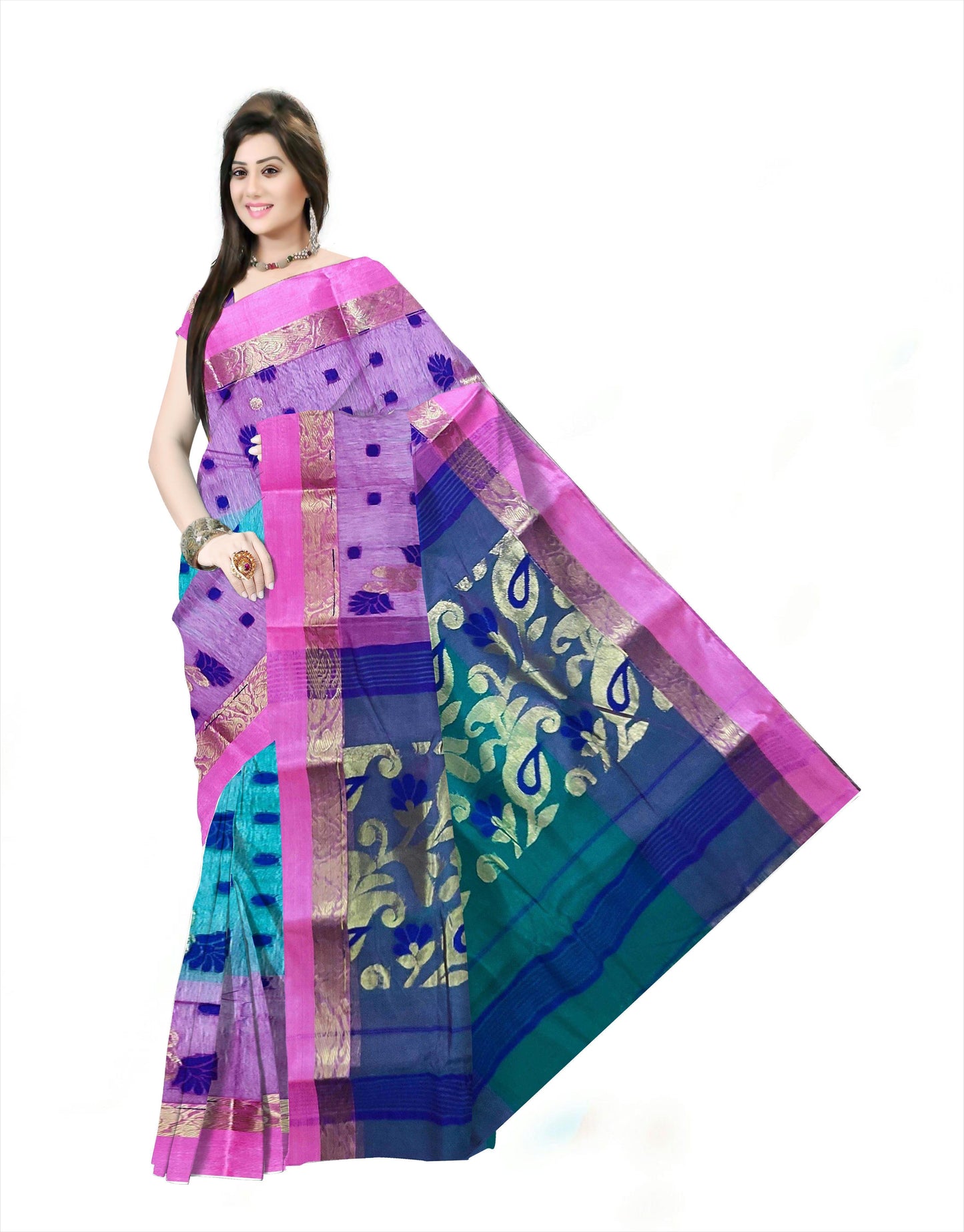 Pradip Fabrics Ethnic Women's Tant Silk Sea Green and Pink color Saree