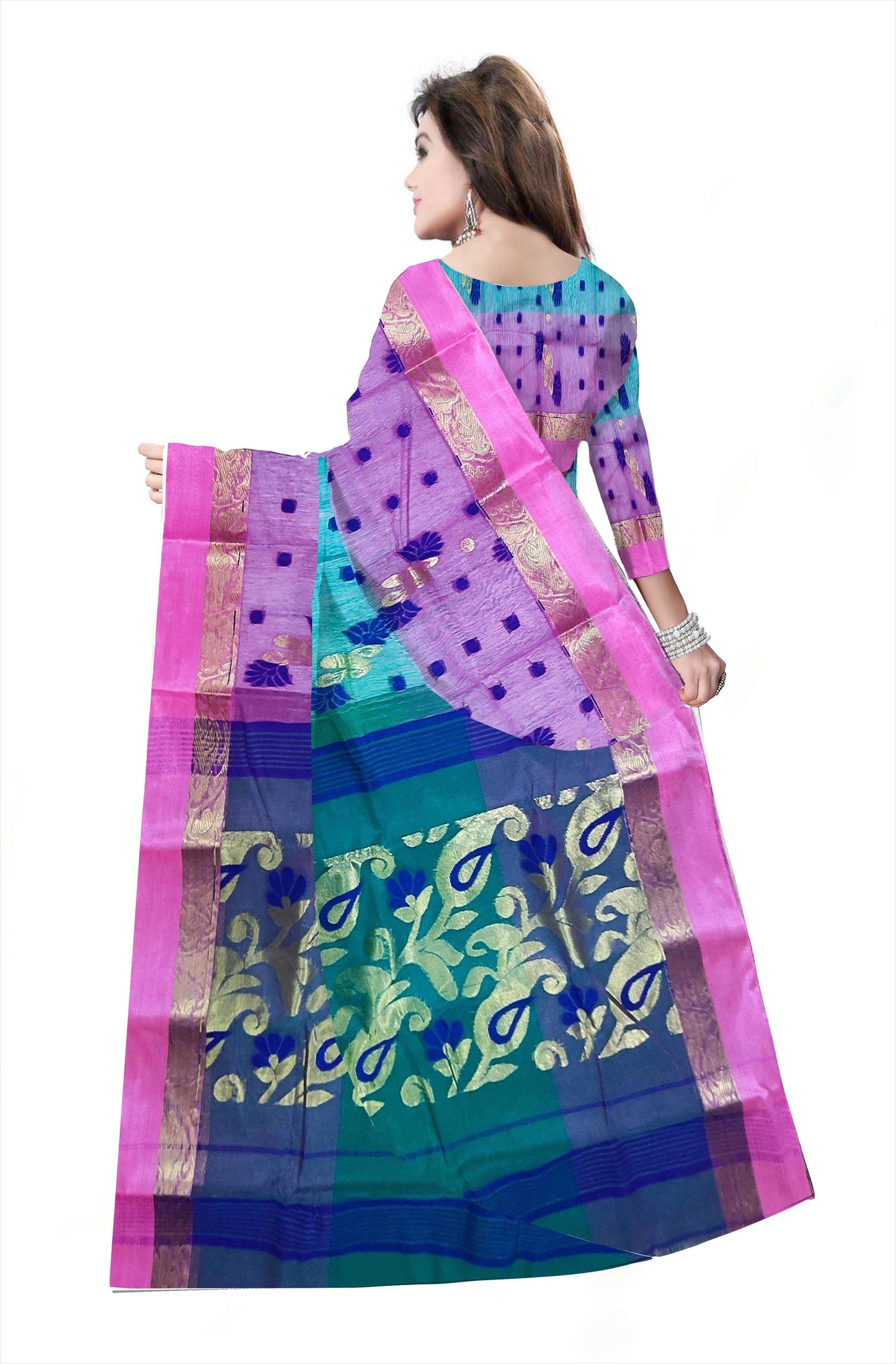 Pradip Fabrics Ethnic Women's Tant Silk Sea Green and Pink color Saree