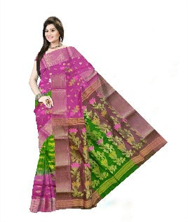 Pradip Fabrics Ethnic Women's Tant Silk Green and Pink Color Saree